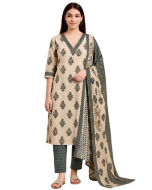 Kurti, Pant & Dupatta Set with Block Print Design